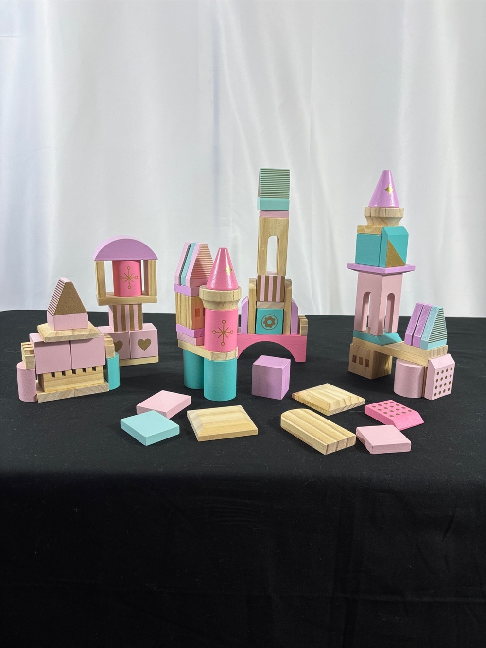 FAO Schwarz Pastel Wooden Building Block Castle Set - Pink & Teal 74 pieces